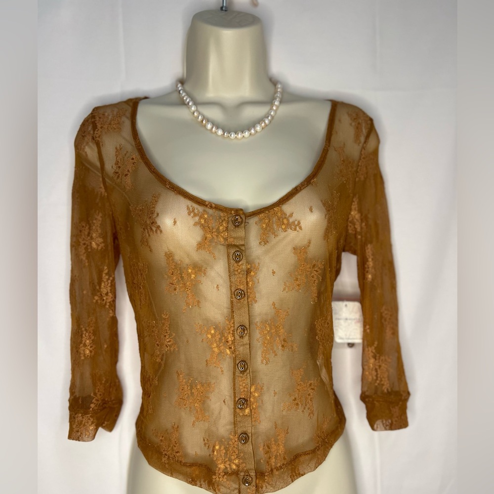 NWT Intimately by Free People - Chic Sheer Lace Button-Up Blouse - Brown
